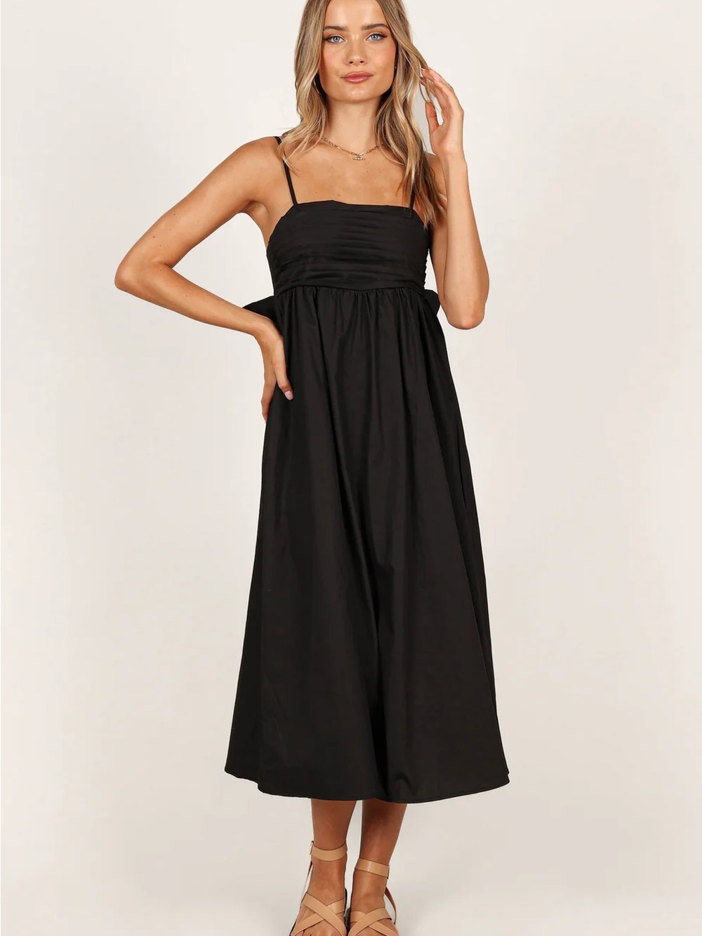 Petal & Pup Black Midi Spaghetti-Strap, bow back Dress-XS